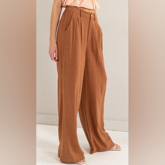 Free People Pants - FREE PEOPLE Brown Wide Leg Linen-Blend Pleated Front Trousers